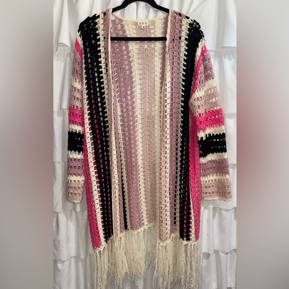 POL Open-Knit Fringe Cardigan in Pink, Cream & Black